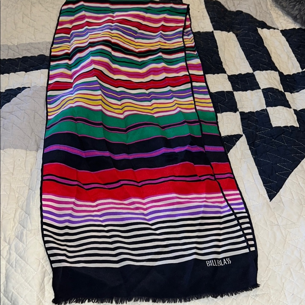 Bill Blass 90s Multicolor Striped Silk oblong fringe end scarf 66” x 10”